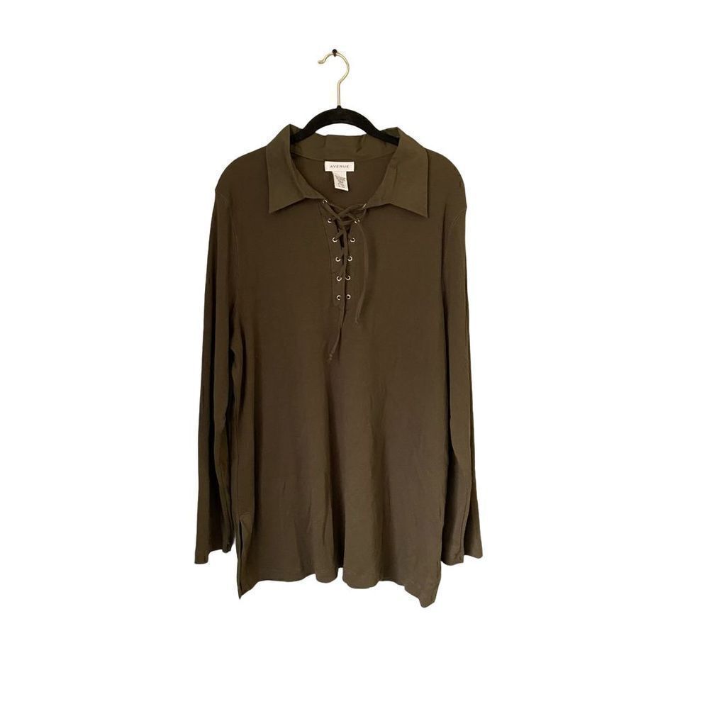 Avenue plus size ribbed long sleeve lace up olive green top 1x￼